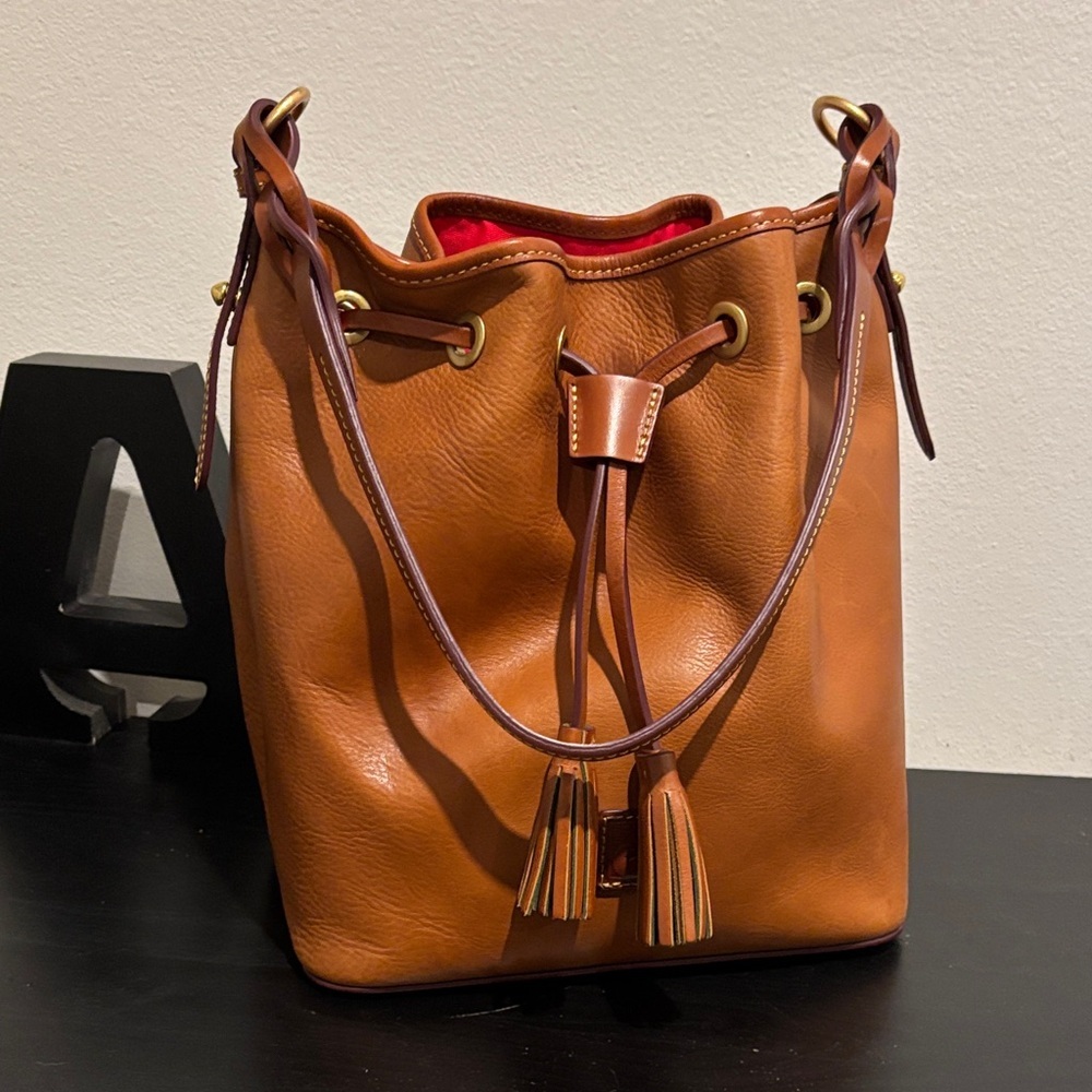 Dooney & Bourke Brown Leather Drawstring Shoulder Bag with Red Interior